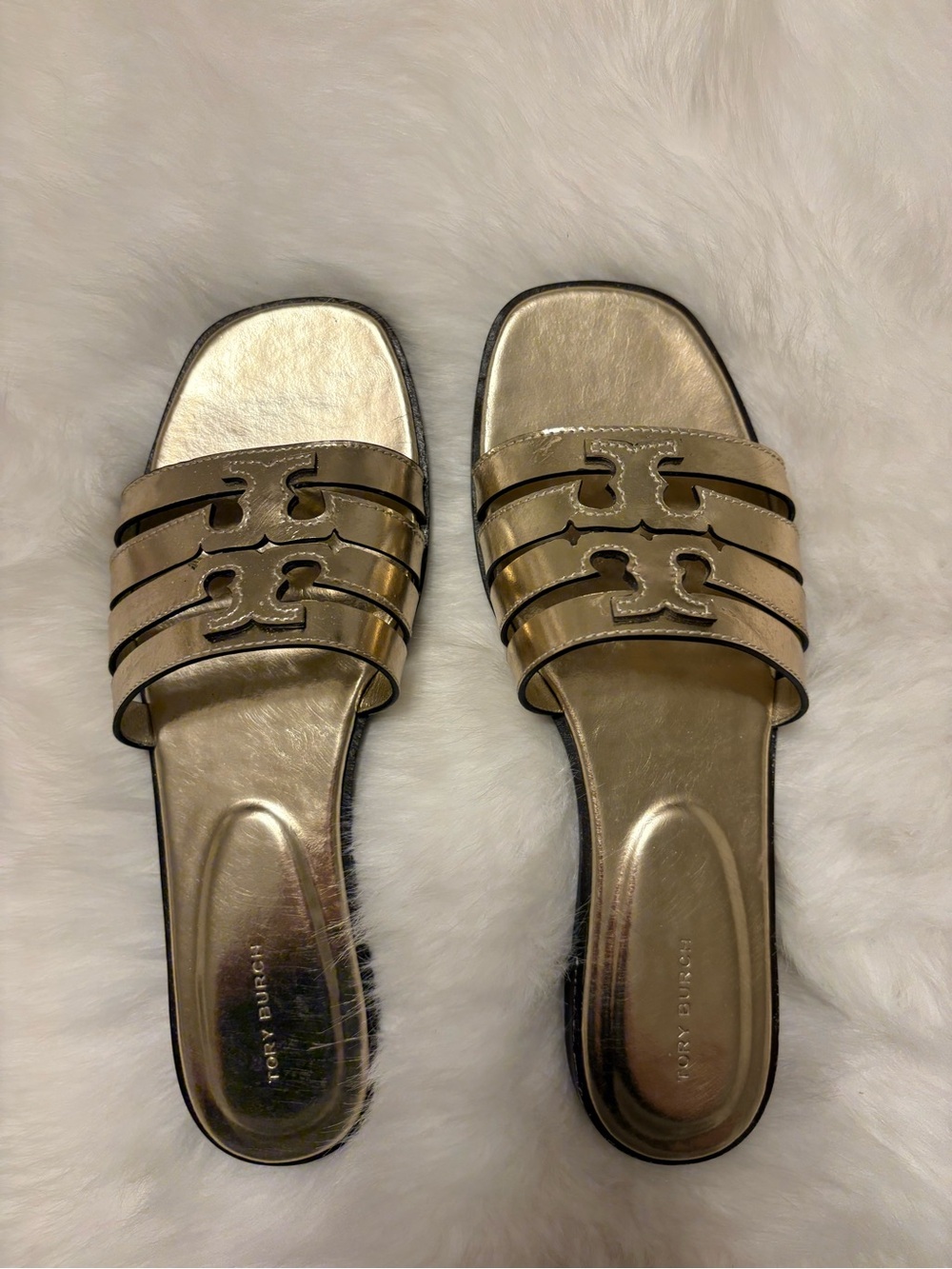 Tory Burch Metallic Gold Logo Slide Sandals